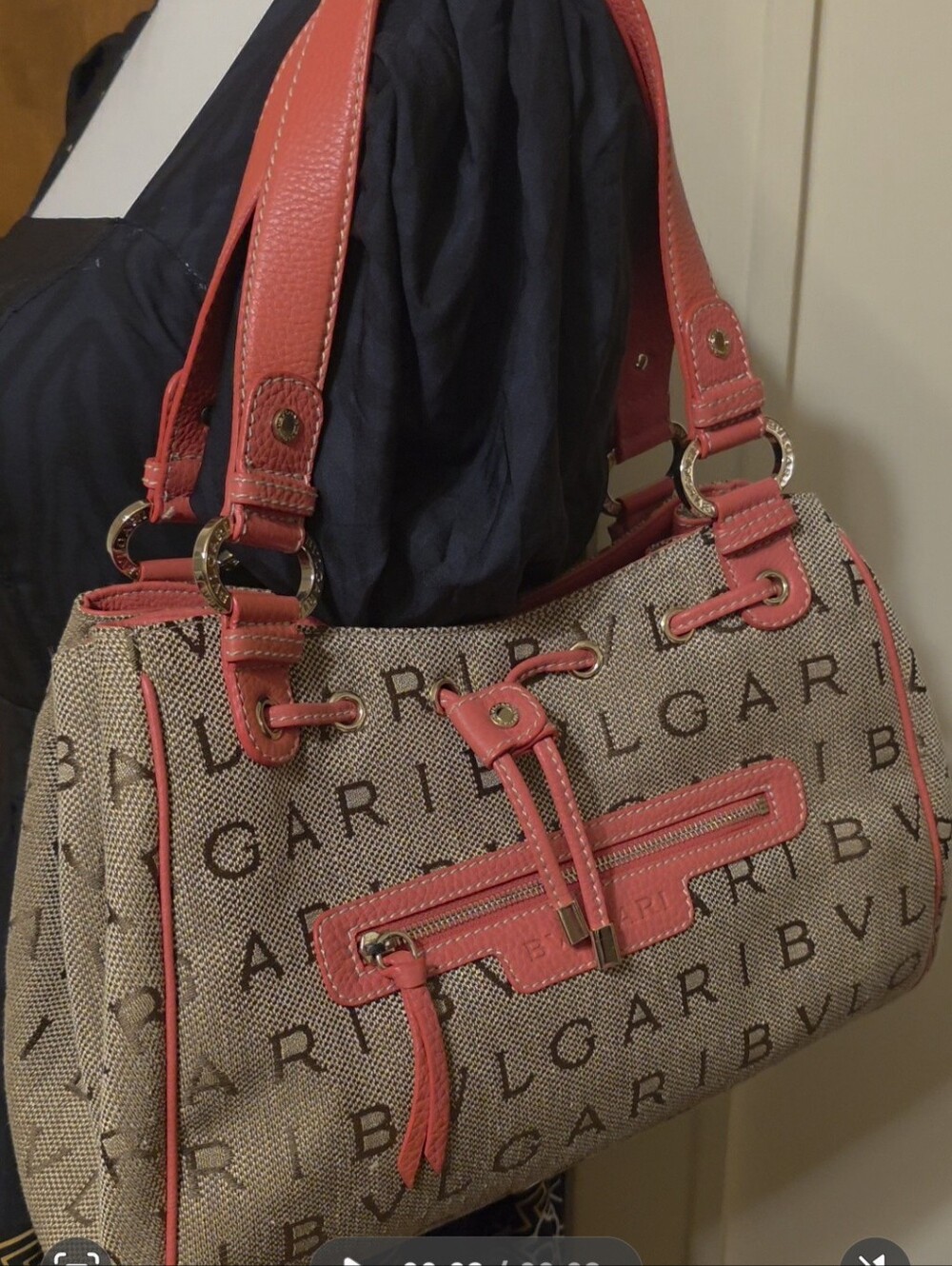 Authentic Bulgari Beige Canvas Shoulder Bag In Good Condition Like New